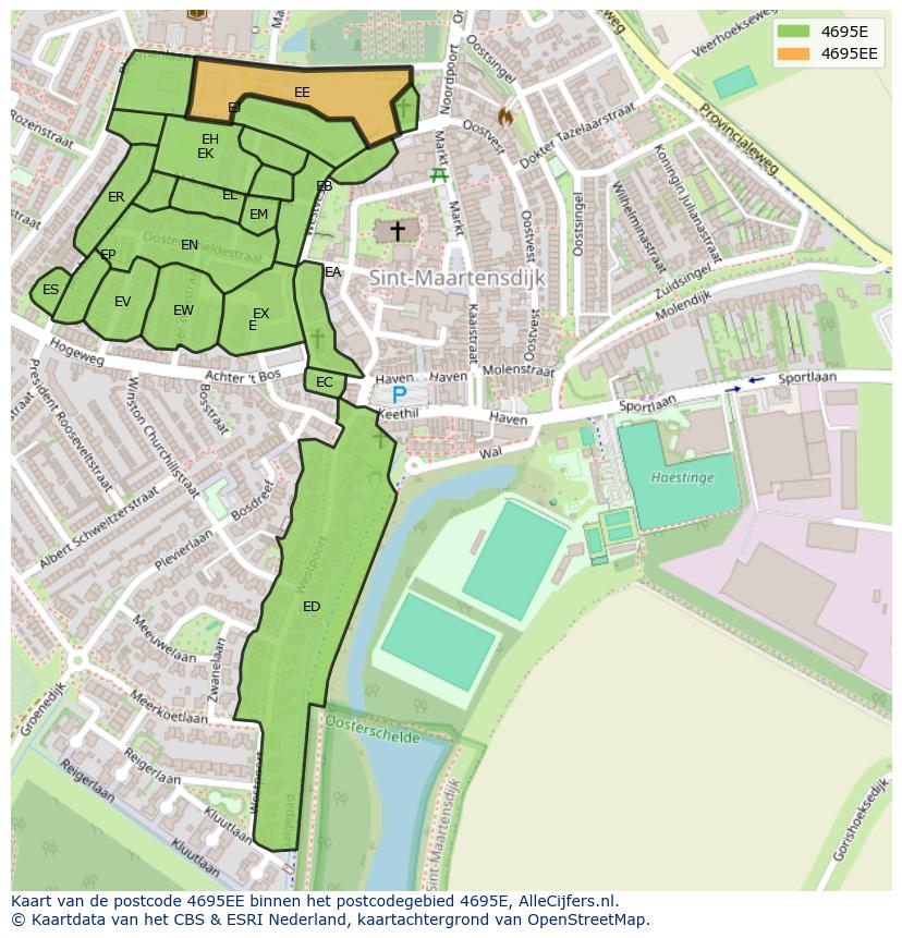 Afbeelding van het postcodegebied 4695 EE op de kaart.