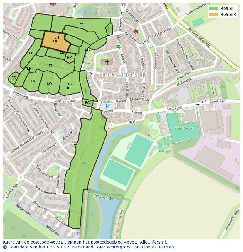 Afbeelding van het postcodegebied 4695 EK op de kaart.