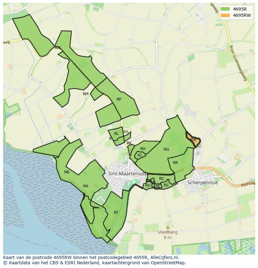 Afbeelding van het postcodegebied 4695 RW op de kaart.