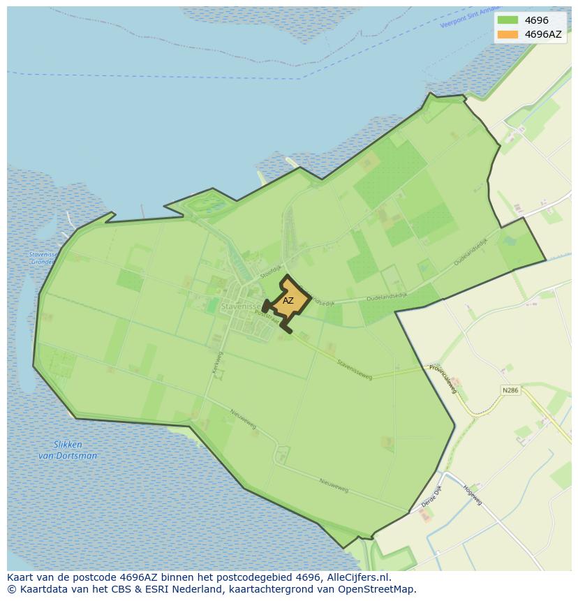 Afbeelding van het postcodegebied 4696 AZ op de kaart.