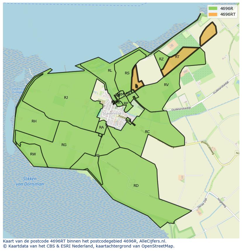 Afbeelding van het postcodegebied 4696 RT op de kaart.