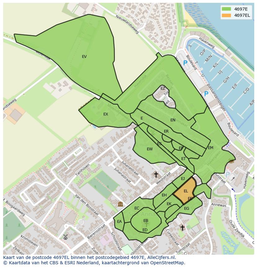 Afbeelding van het postcodegebied 4697 EL op de kaart.