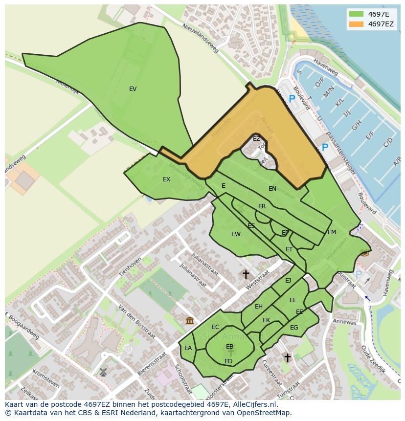 Afbeelding van het postcodegebied 4697 EZ op de kaart.