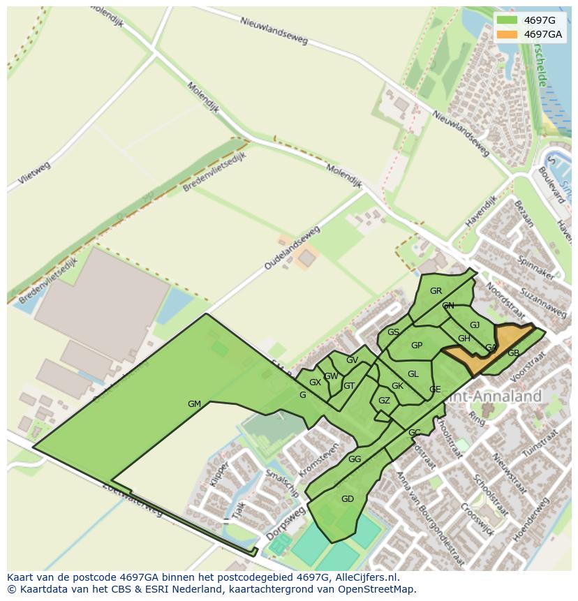 Afbeelding van het postcodegebied 4697 GA op de kaart.