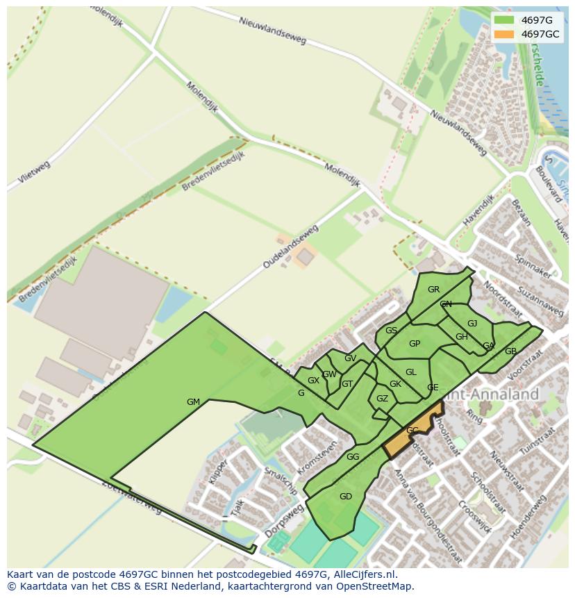 Afbeelding van het postcodegebied 4697 GC op de kaart.