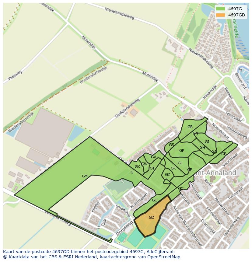 Afbeelding van het postcodegebied 4697 GD op de kaart.