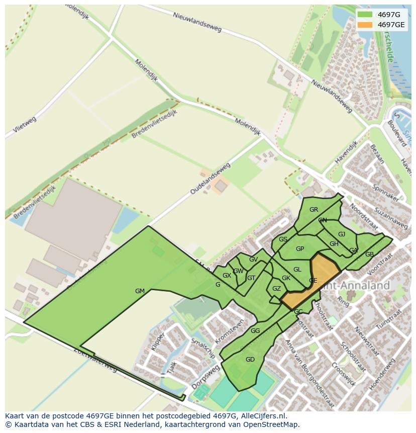 Afbeelding van het postcodegebied 4697 GE op de kaart.