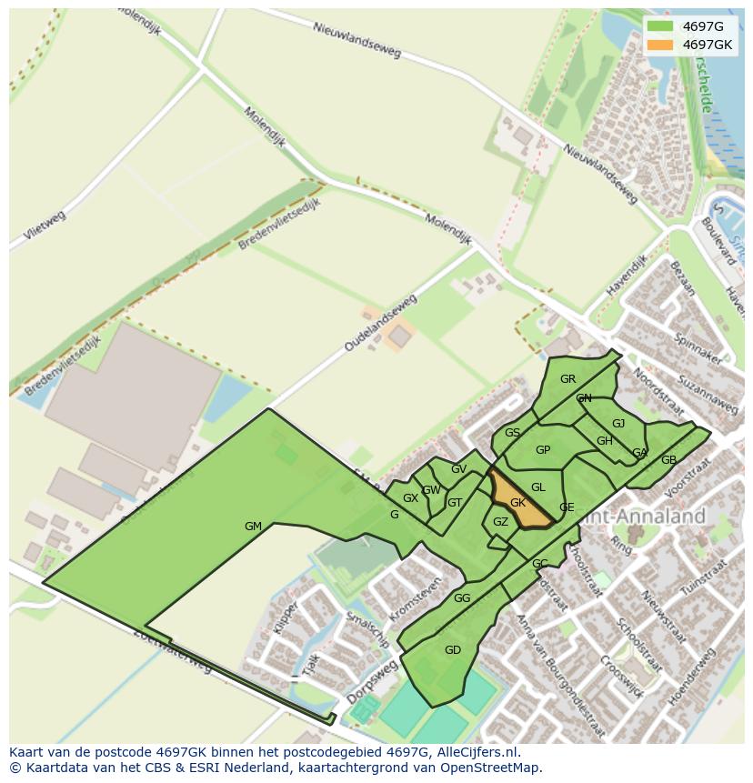 Afbeelding van het postcodegebied 4697 GK op de kaart.