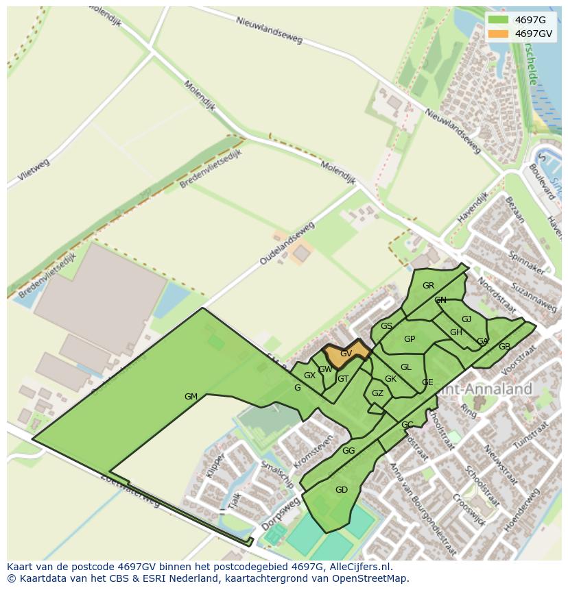Afbeelding van het postcodegebied 4697 GV op de kaart.