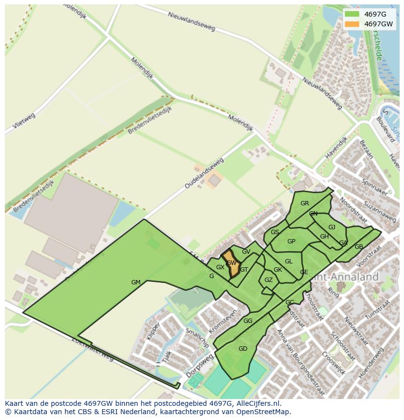 Afbeelding van het postcodegebied 4697 GW op de kaart.