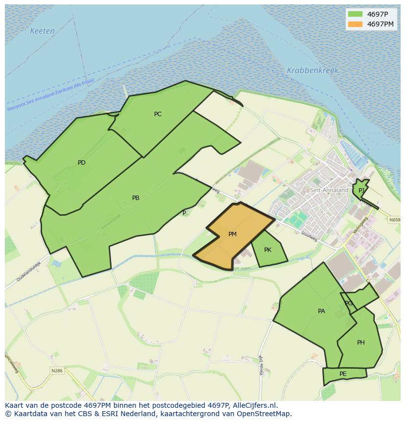 Afbeelding van het postcodegebied 4697 PM op de kaart.