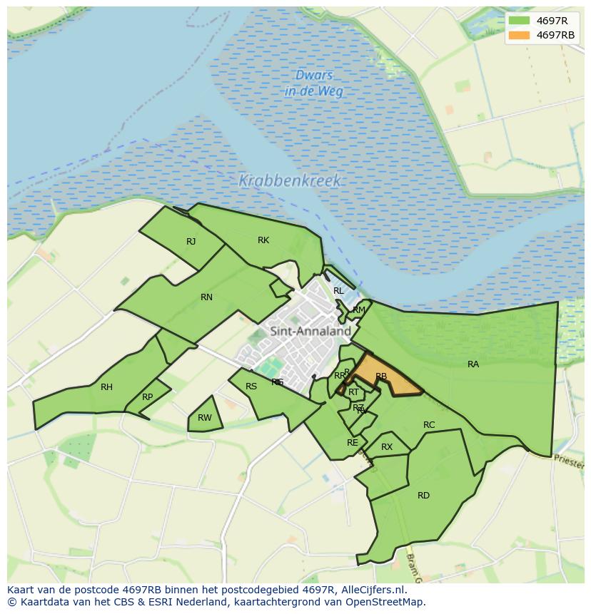 Afbeelding van het postcodegebied 4697 RB op de kaart.