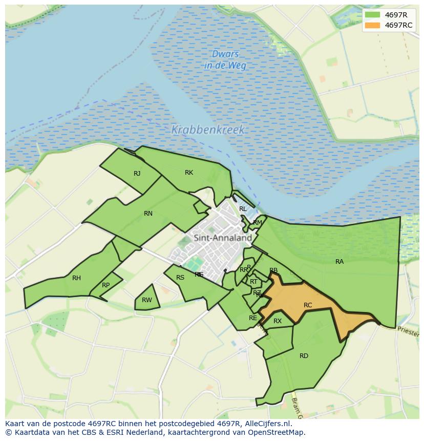 Afbeelding van het postcodegebied 4697 RC op de kaart.