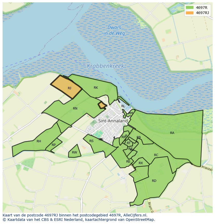 Afbeelding van het postcodegebied 4697 RJ op de kaart.
