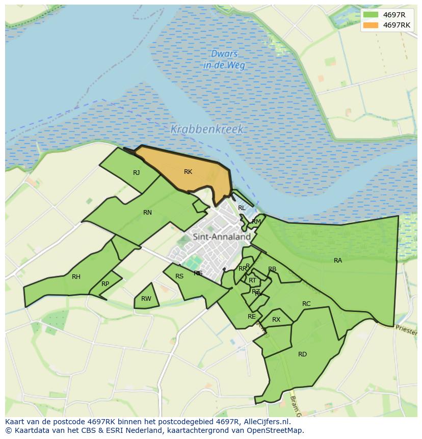 Afbeelding van het postcodegebied 4697 RK op de kaart.
