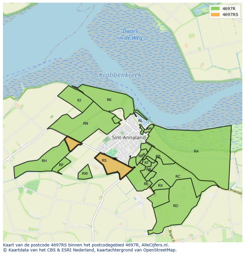 Afbeelding van het postcodegebied 4697 RS op de kaart.