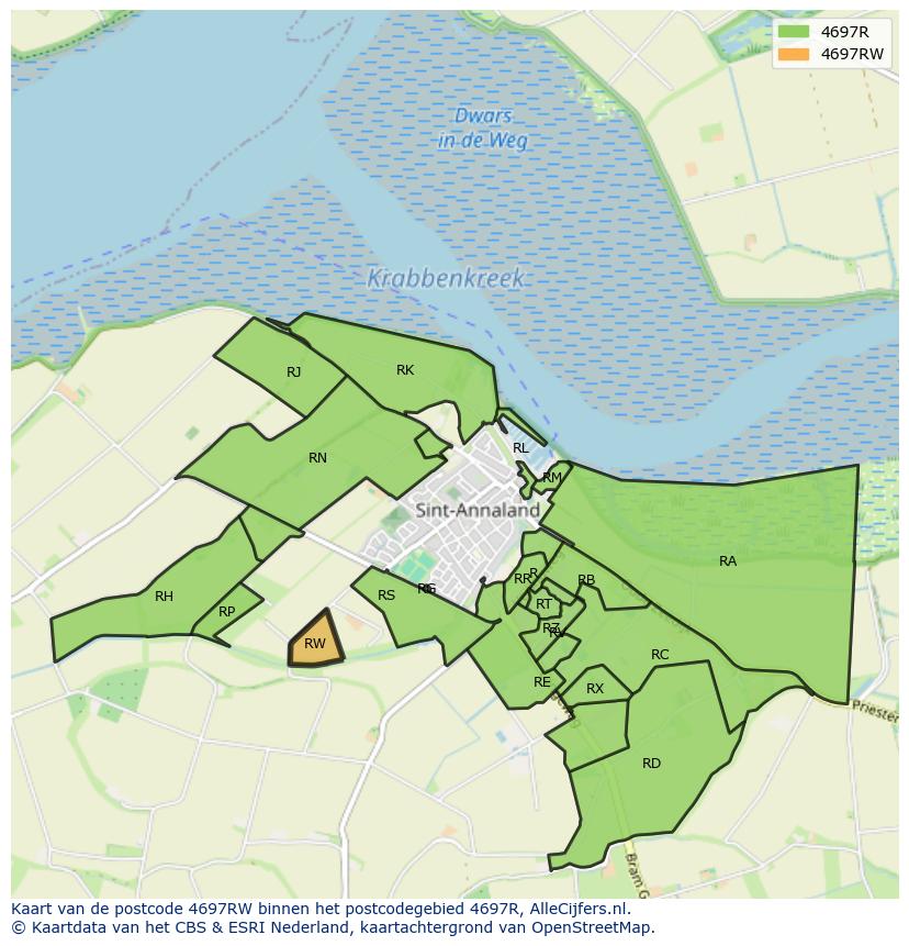 Afbeelding van het postcodegebied 4697 RW op de kaart.