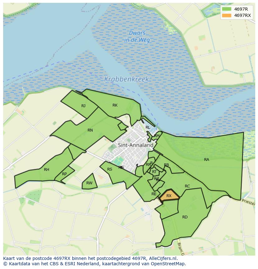 Afbeelding van het postcodegebied 4697 RX op de kaart.