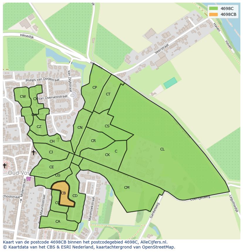 Afbeelding van het postcodegebied 4698 CB op de kaart.