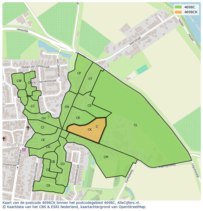 Afbeelding van het postcodegebied 4698 CK op de kaart.