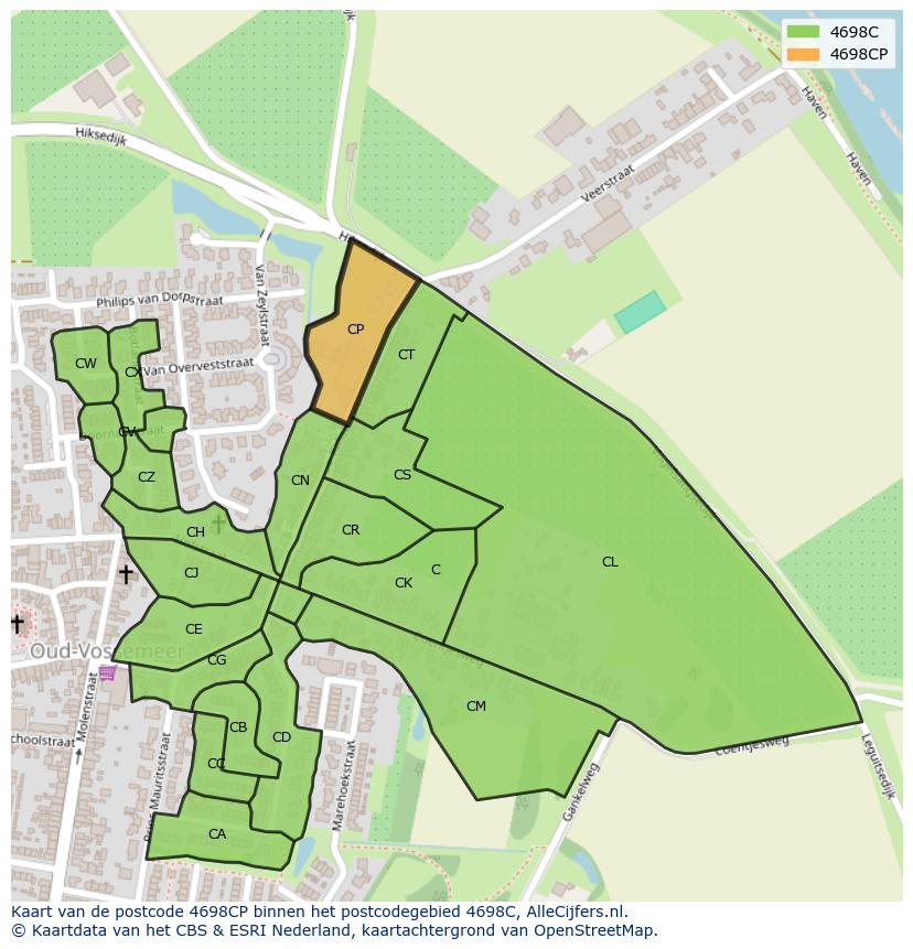 Afbeelding van het postcodegebied 4698 CP op de kaart.