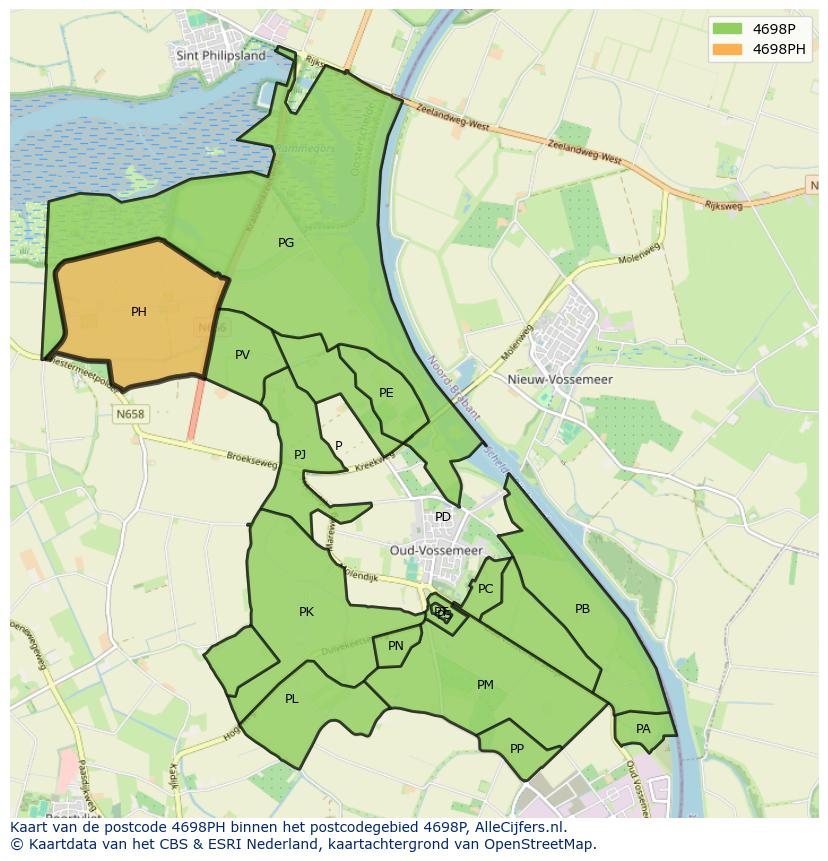 Afbeelding van het postcodegebied 4698 PH op de kaart.