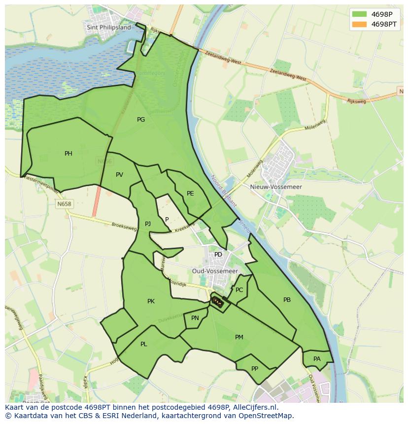 Afbeelding van het postcodegebied 4698 PT op de kaart.