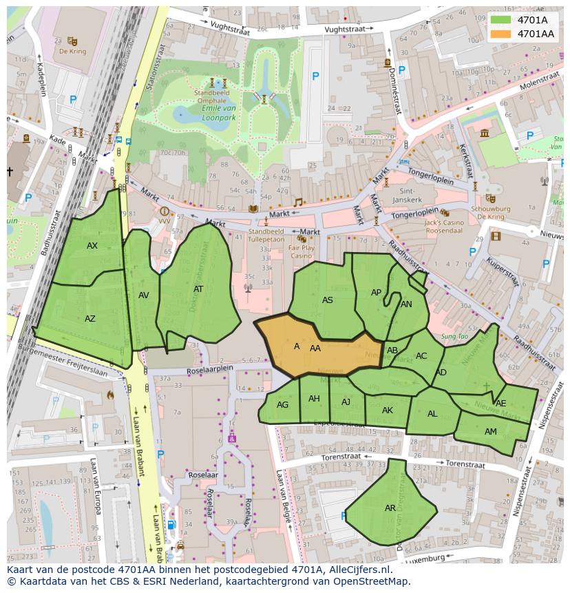Afbeelding van het postcodegebied 4701 AA op de kaart.