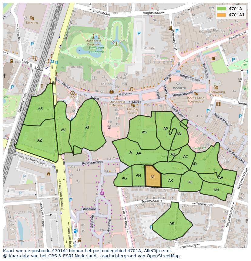 Afbeelding van het postcodegebied 4701 AJ op de kaart.