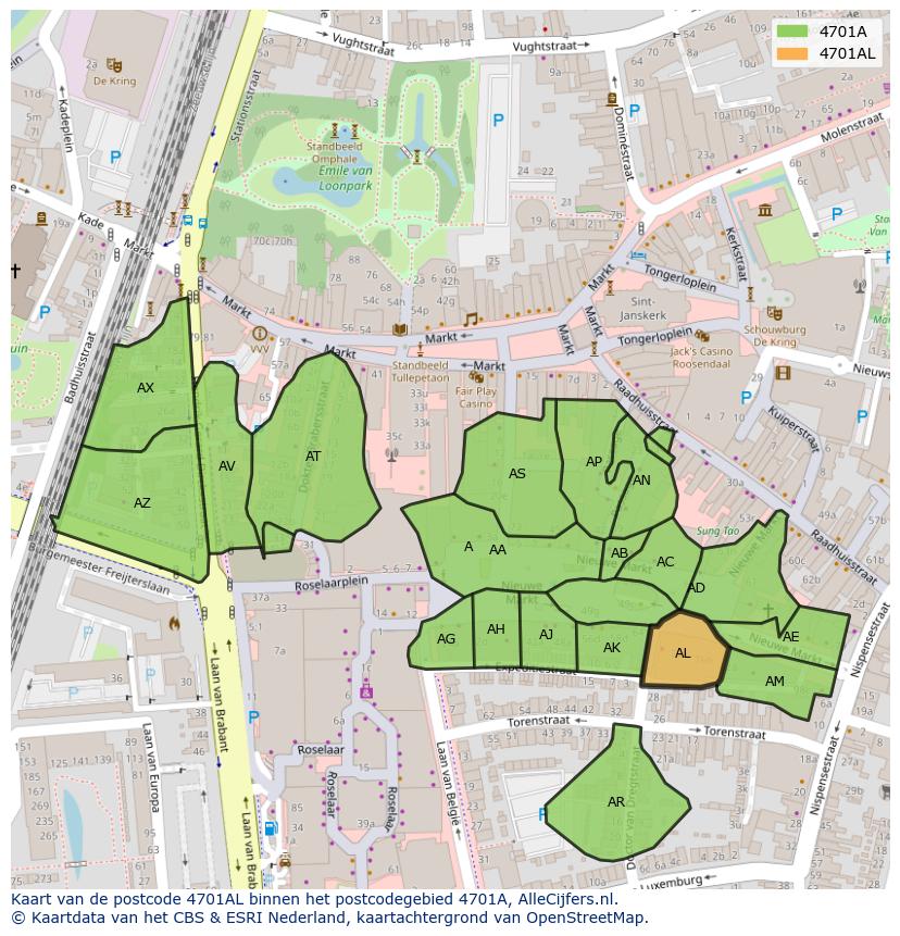 Afbeelding van het postcodegebied 4701 AL op de kaart.