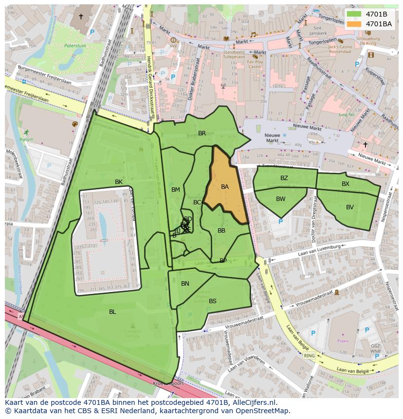 Afbeelding van het postcodegebied 4701 BA op de kaart.