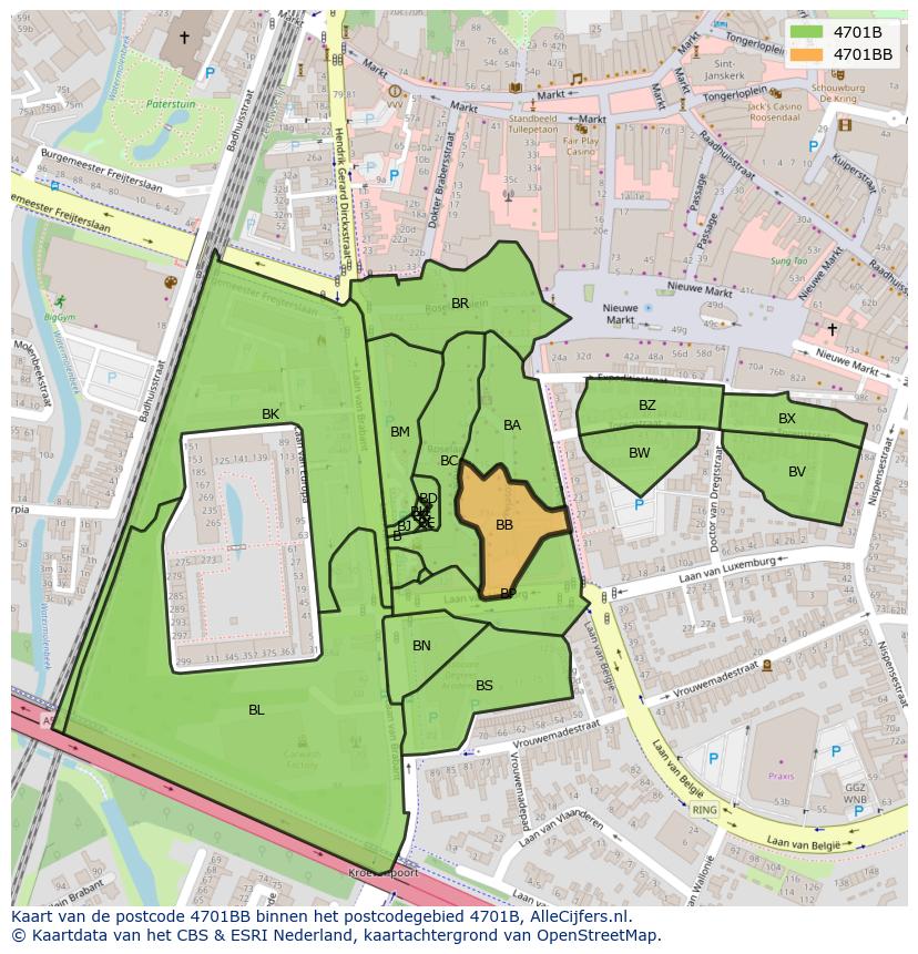 Afbeelding van het postcodegebied 4701 BB op de kaart.