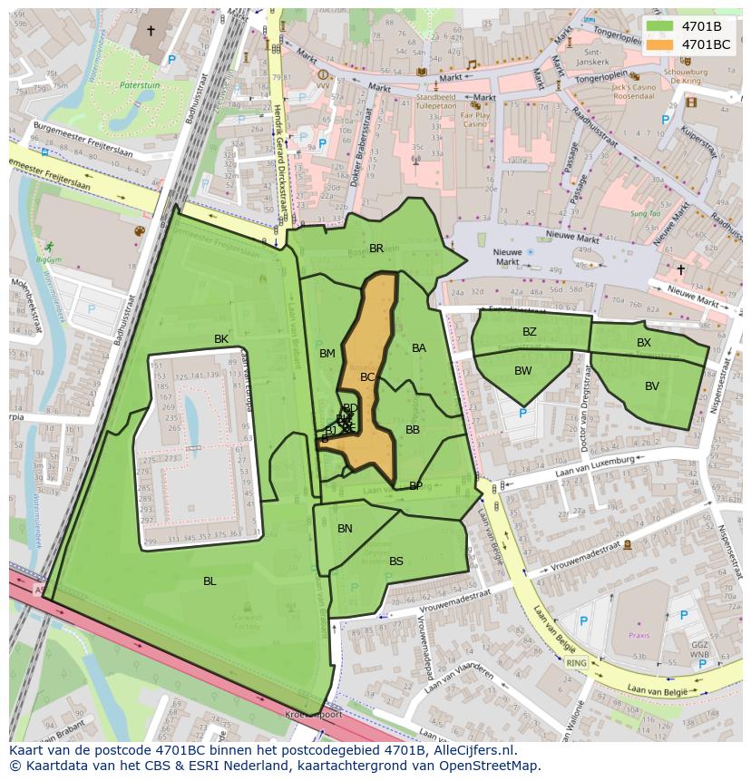 Afbeelding van het postcodegebied 4701 BC op de kaart.
