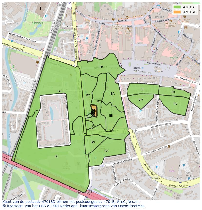Afbeelding van het postcodegebied 4701 BD op de kaart.