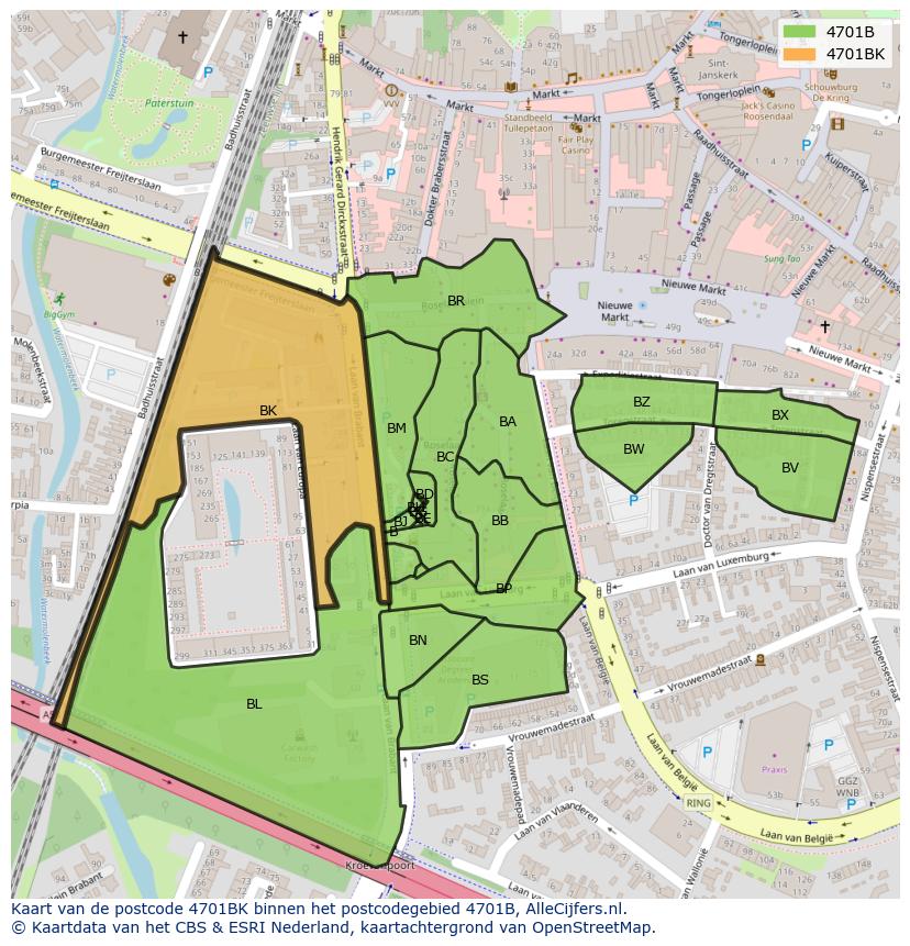 Afbeelding van het postcodegebied 4701 BK op de kaart.