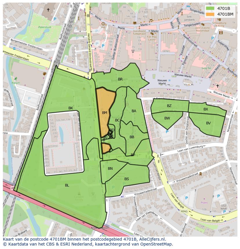 Afbeelding van het postcodegebied 4701 BM op de kaart.