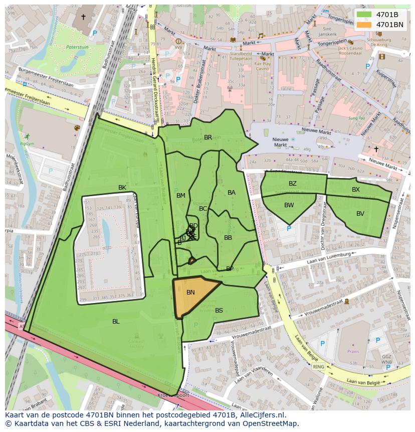 Afbeelding van het postcodegebied 4701 BN op de kaart.