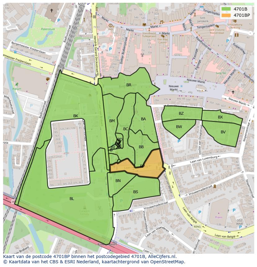Afbeelding van het postcodegebied 4701 BP op de kaart.