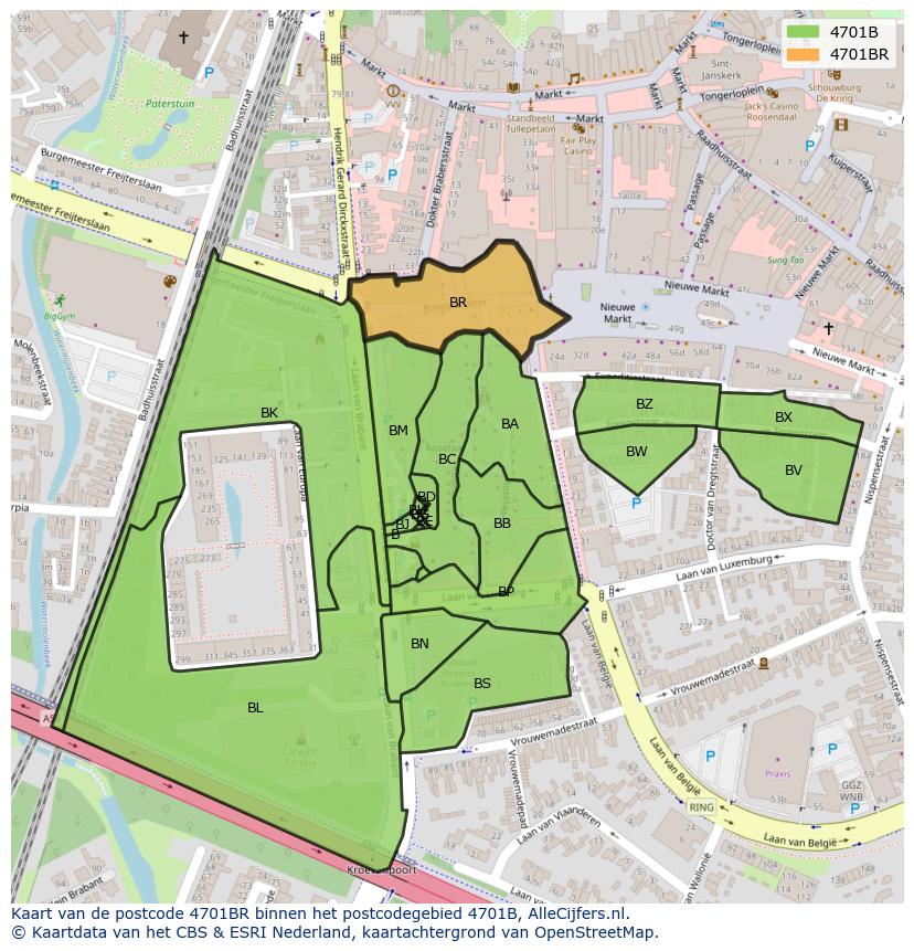 Afbeelding van het postcodegebied 4701 BR op de kaart.