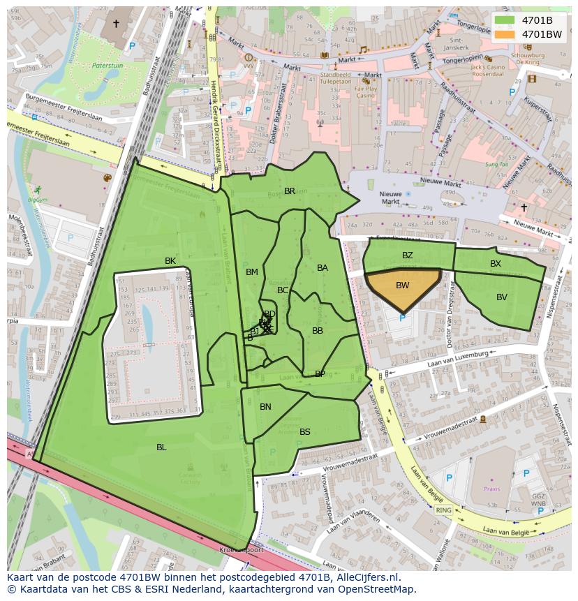 Afbeelding van het postcodegebied 4701 BW op de kaart.