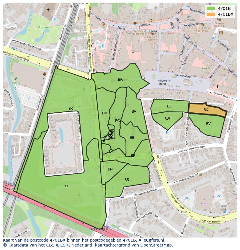 Afbeelding van het postcodegebied 4701 BX op de kaart.