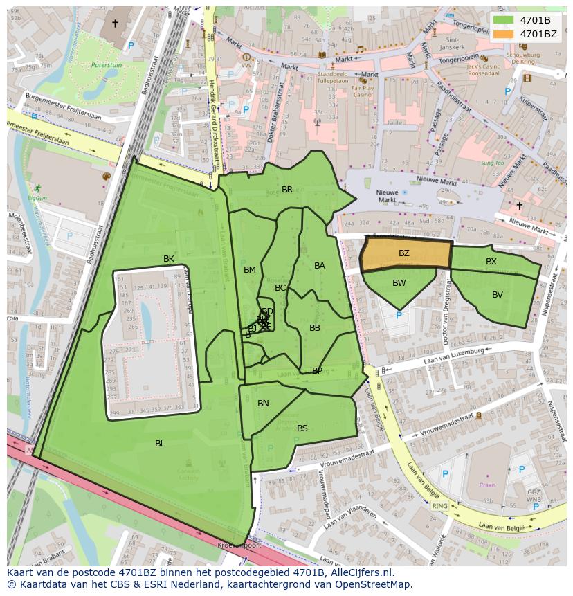Afbeelding van het postcodegebied 4701 BZ op de kaart.