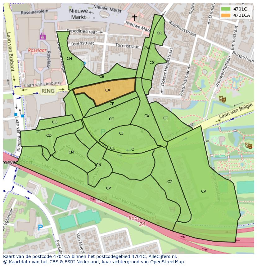 Afbeelding van het postcodegebied 4701 CA op de kaart.