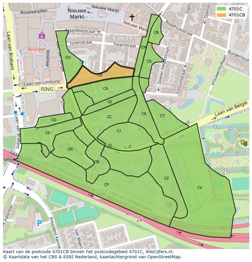 Afbeelding van het postcodegebied 4701 CB op de kaart.