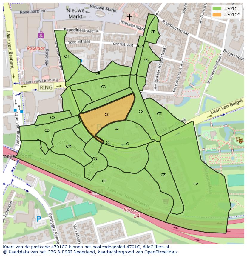 Afbeelding van het postcodegebied 4701 CC op de kaart.