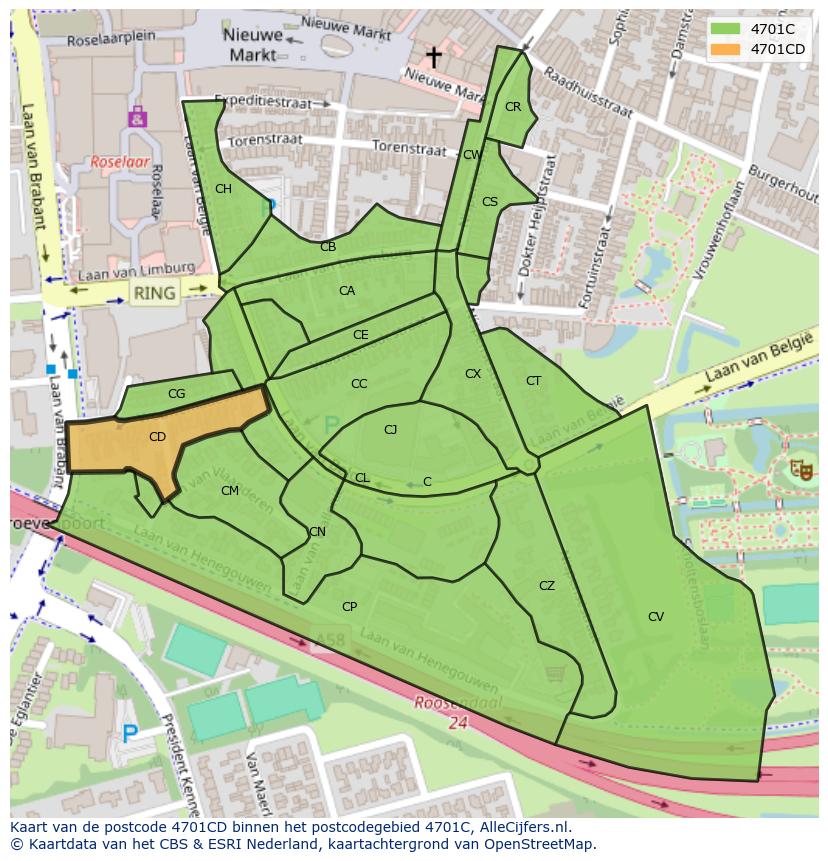 Afbeelding van het postcodegebied 4701 CD op de kaart.