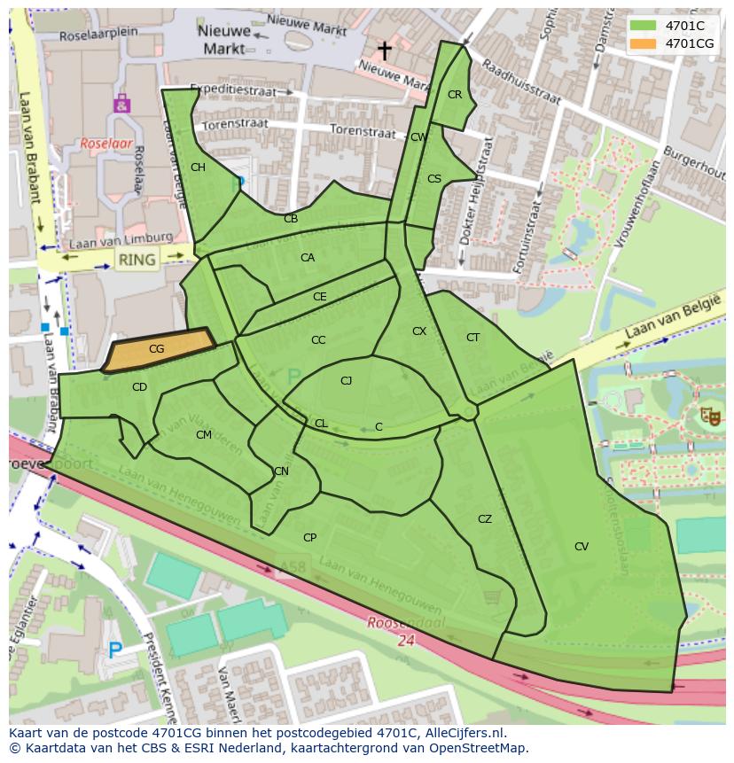 Afbeelding van het postcodegebied 4701 CG op de kaart.