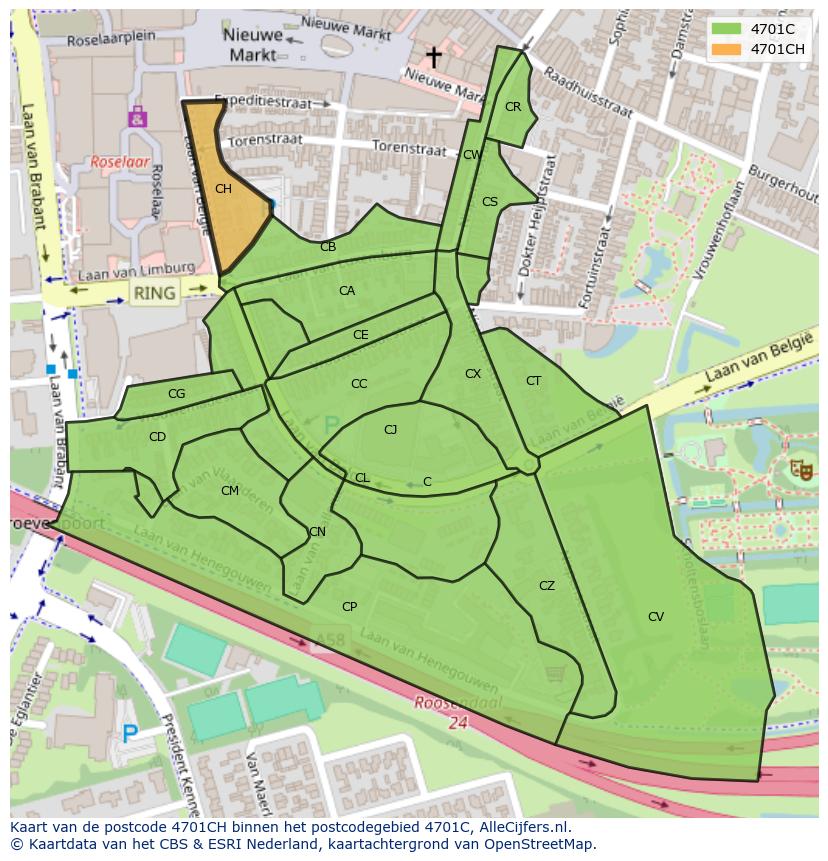 Afbeelding van het postcodegebied 4701 CH op de kaart.