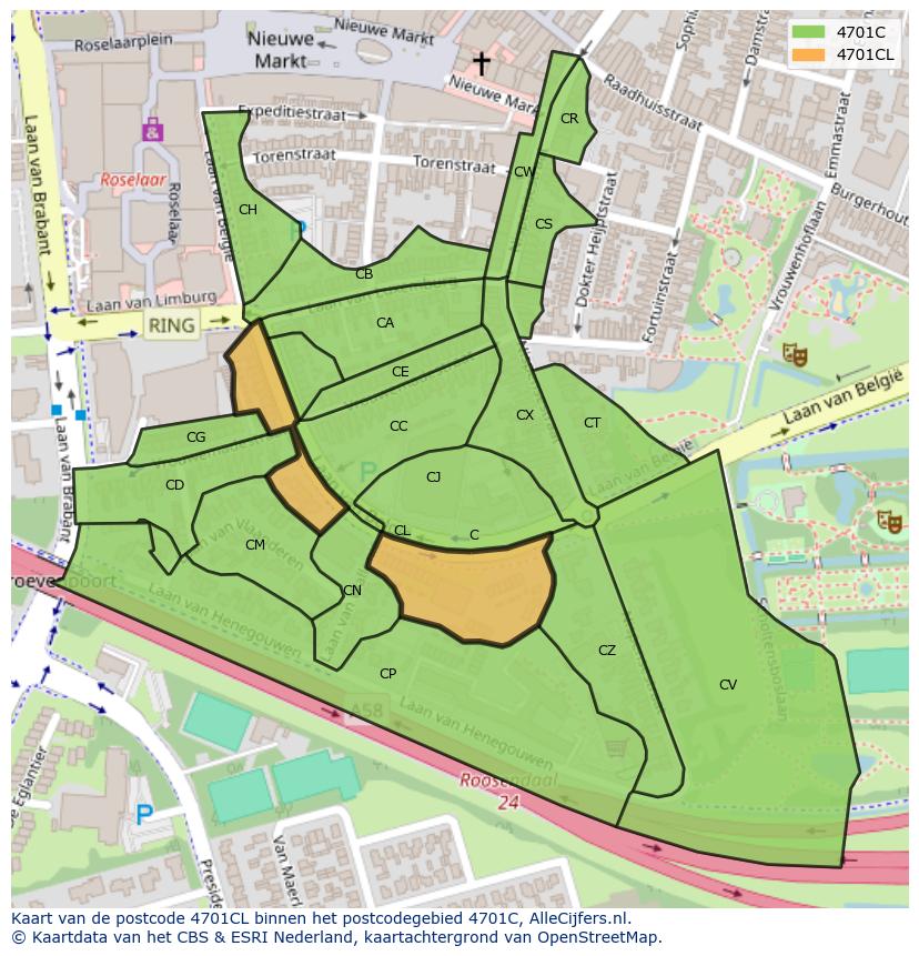 Afbeelding van het postcodegebied 4701 CL op de kaart.