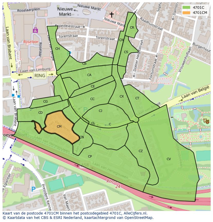 Afbeelding van het postcodegebied 4701 CM op de kaart.